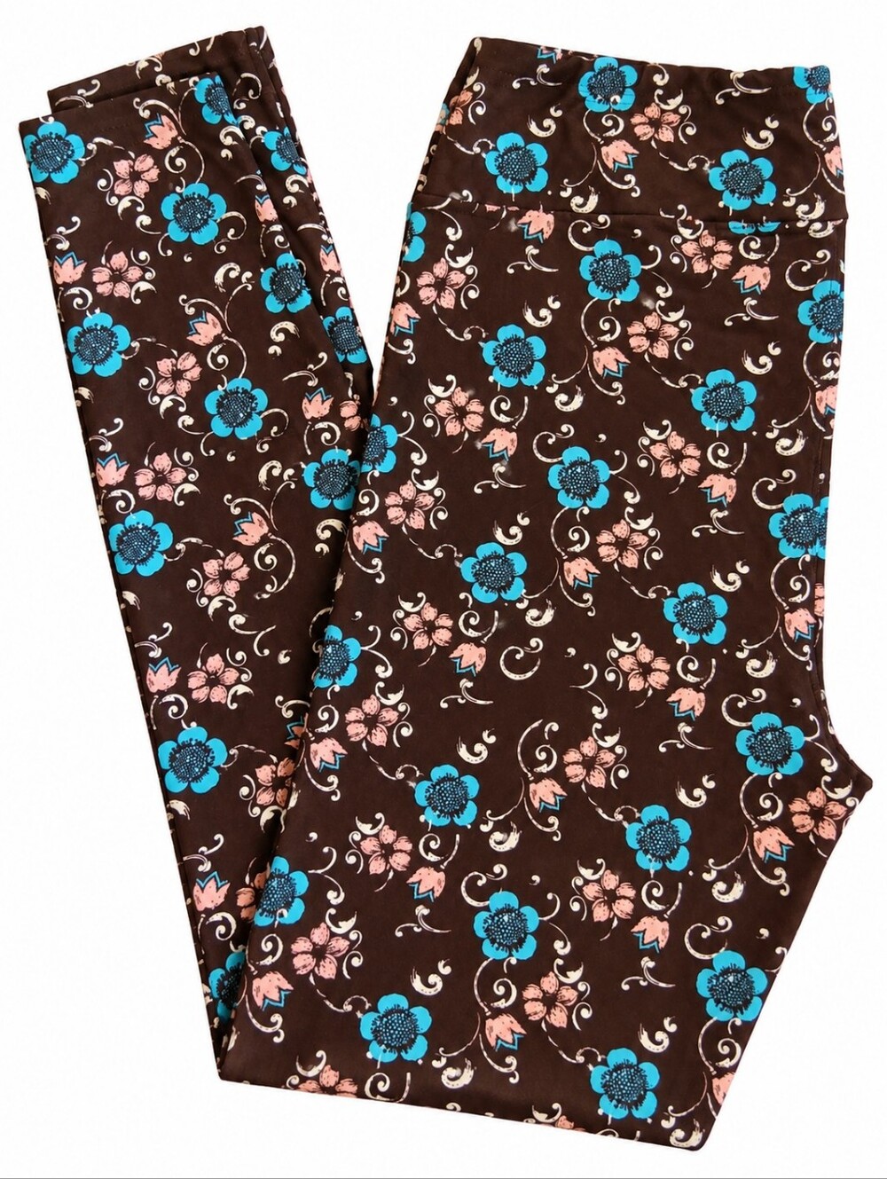 LuLaRoe Brown Blue Peach Floral Buttery Soft Leggings Tall & Curvy TC